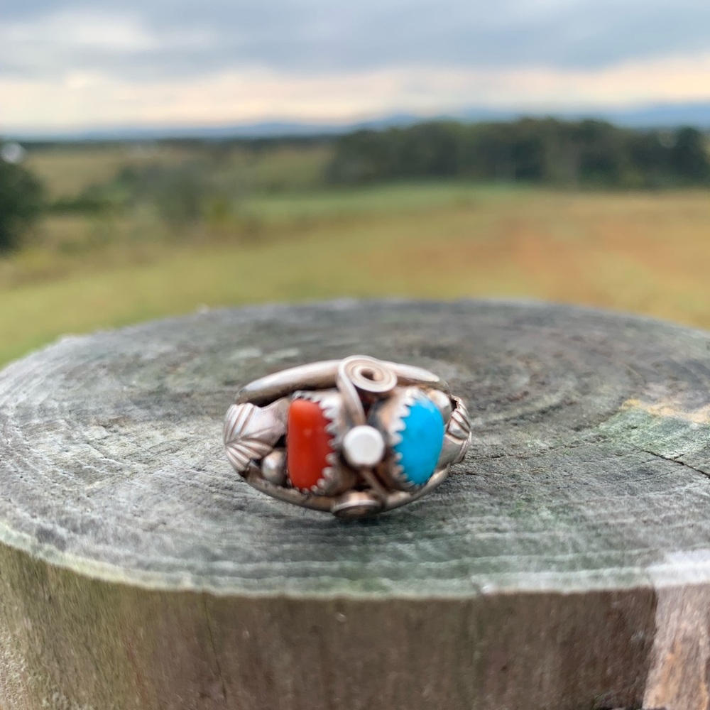 Vintage Native Coral and Turquoise Ring